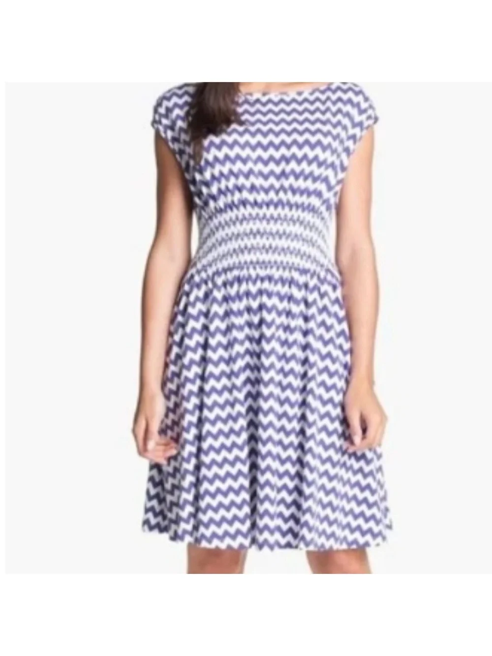 kate spade Blue and White Chevron Smocked Midi Dress with Cap Sleeves